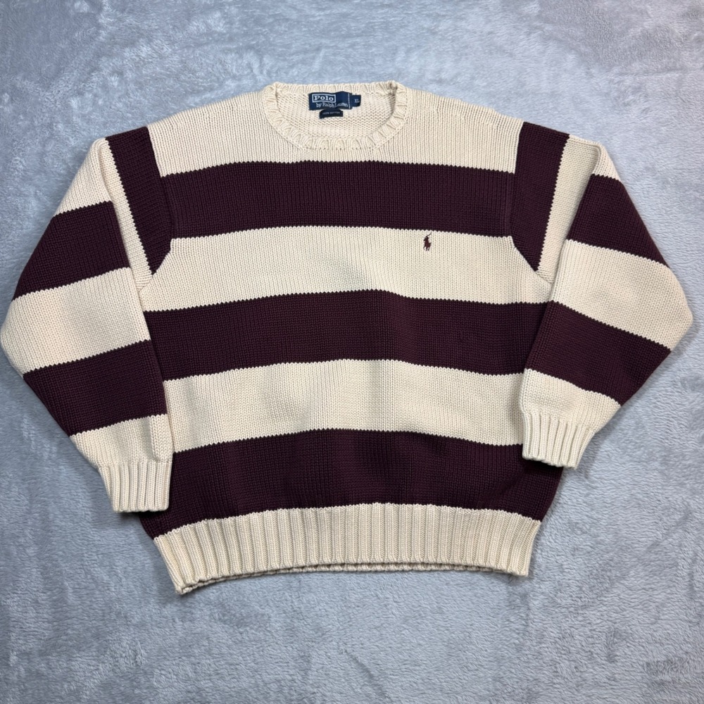 Polo Ralph Lauren Crewneck Sweater Mens XL Burgundy Cream Striped Y2K